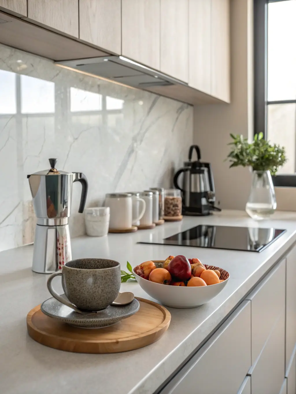 A picture showcasing a spotless kitchen counter after cleaning, with sunlight streaming through the window, emphasizing cleanliness and hygiene.
