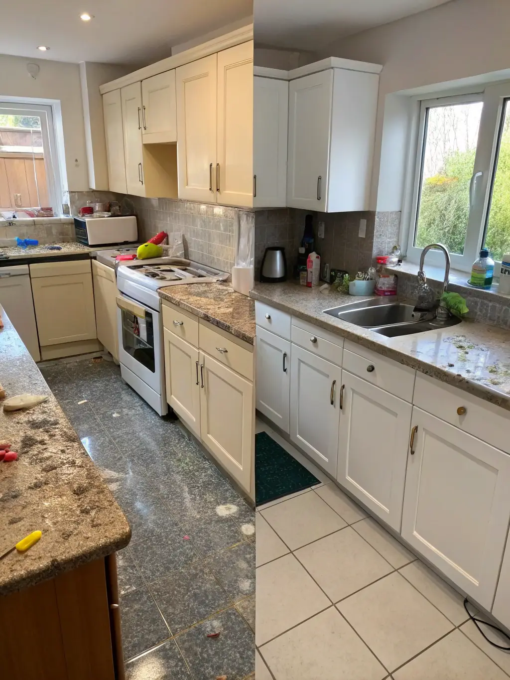 An image showing a before-and-after comparison of a living room, highlighting the dramatic improvement after RJ Services de Nettoyage's one-time cleaning service.