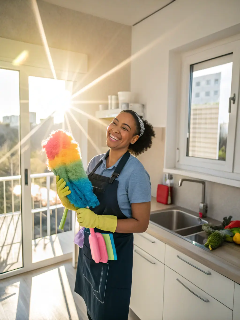 A photo of a RJ Services de Nettoyage cleaning professional smiling and giving a thumbs up, holding eco-friendly cleaning products in a modern home setting.