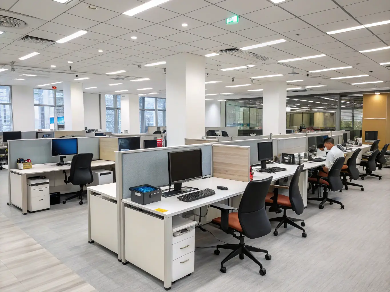 A modern office space with desks neatly arranged and surfaces gleaming, reflecting the effectiveness of commercial cleaning services. The image should project professionalism and order.