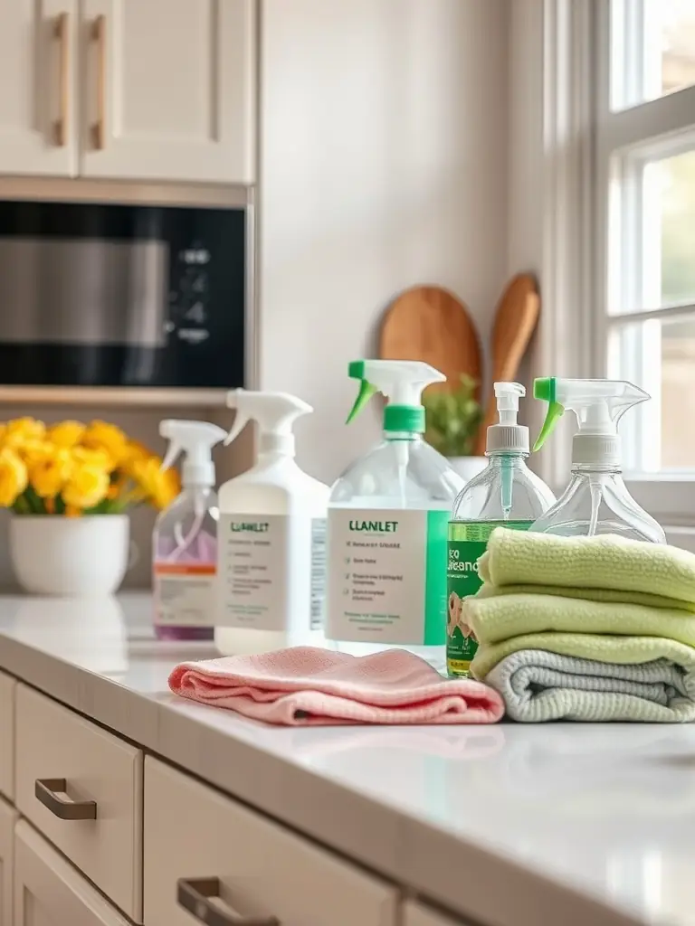 A photo of a sparkling clean kitchen counter with cleaning supplies neatly arranged, showcasing the attention to detail in RJ Services de Nettoyage's one-time cleaning service.