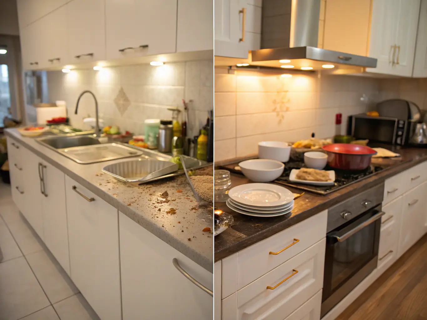 A before-and-after shot of a kitchen, showing the dramatic transformation achieved through a one-time deep cleaning service. The image should highlight the attention to detail and thoroughness of the service.