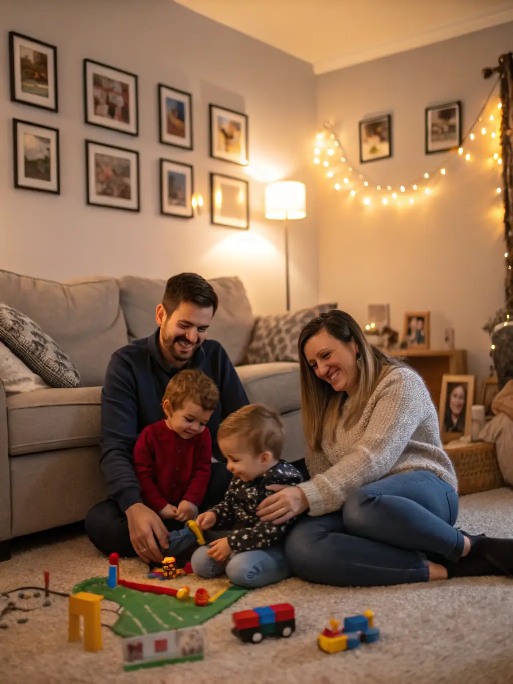 A photo of a happy family in a clean and tidy living room, showcasing the peace of mind and comfort that RJ Services de Nettoyage provides.