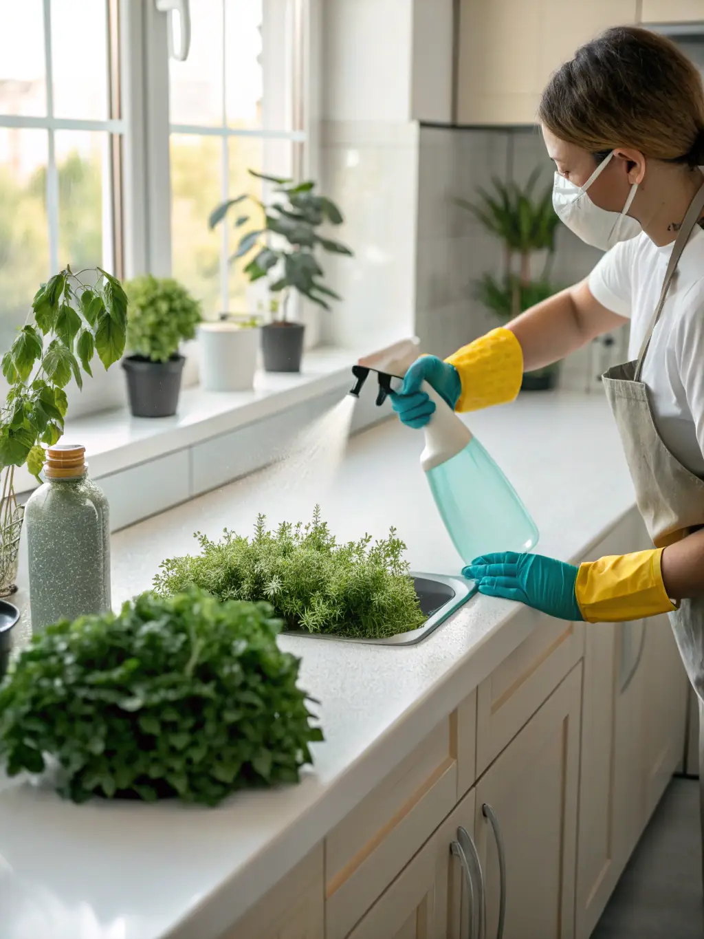An image of RJ Services de Nettoyage staff using environmentally friendly cleaning products in a living room, with plants in the background.