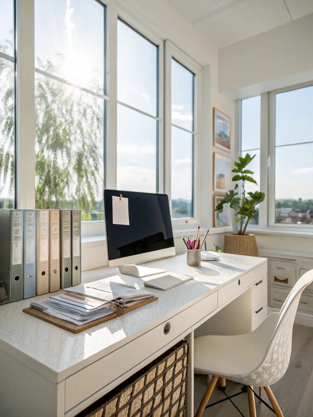 A modern office space with gleaming desks and organized workstations, highlighting the effectiveness of RJ Cleaning Services' commercial cleaning.