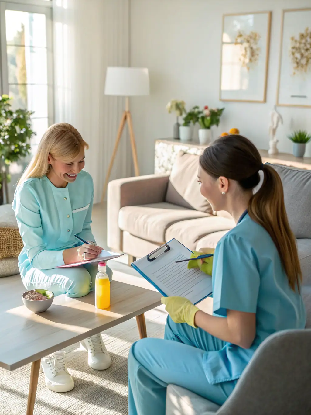 A picture of a smiling RJ Services de Nettoyage cleaning professional interacting positively with a client in a home setting, emphasizing the friendly and reliable service.